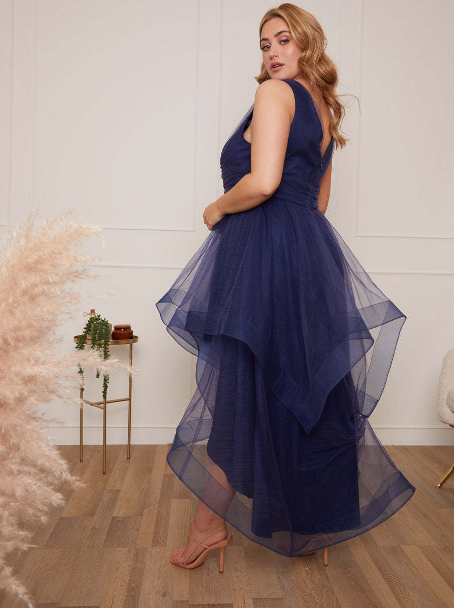 Plus Size Plunge Neck Tiered Tulle Dip Hem Dress in Navy