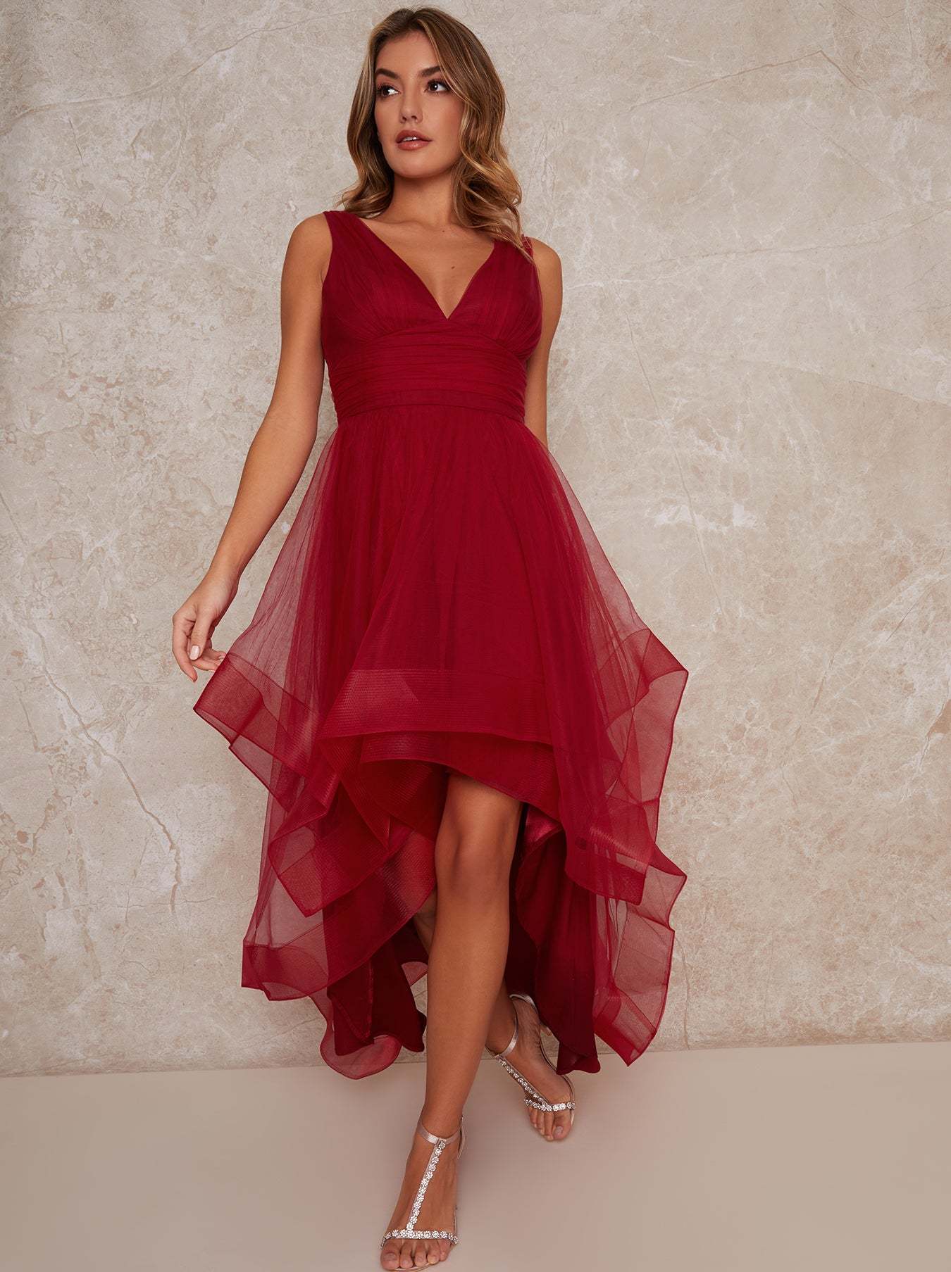 Plunge Neck Tiered Tulle Dip Hem Party Dress in Red