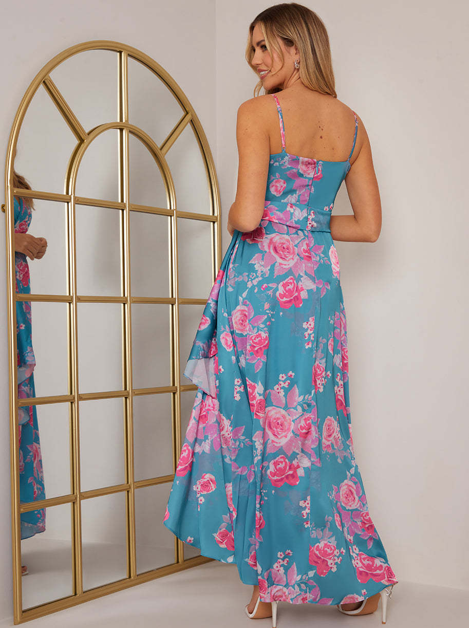 Petite Cami Floral Print Wrap Midi Dress in Blue