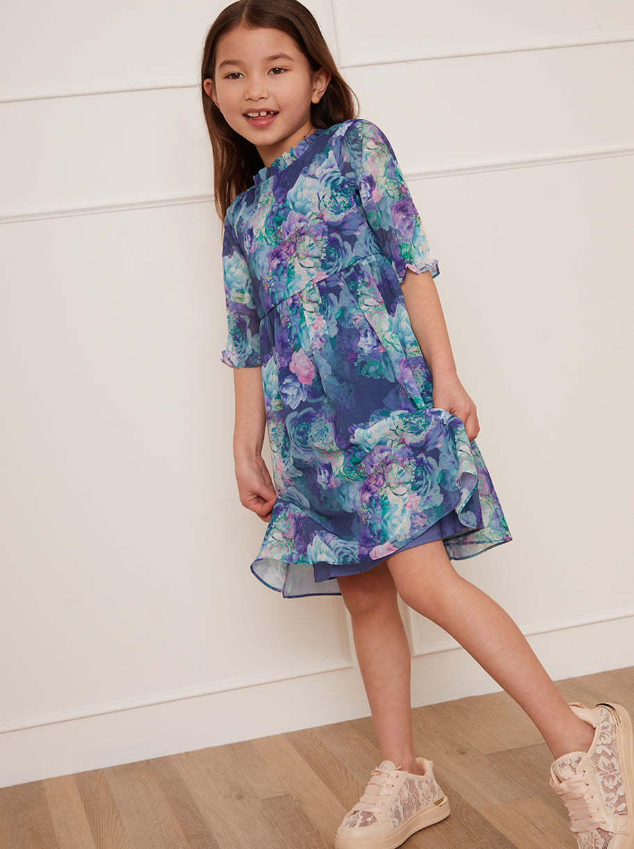 Girls Watercolour Floral Printed Dress in Navy