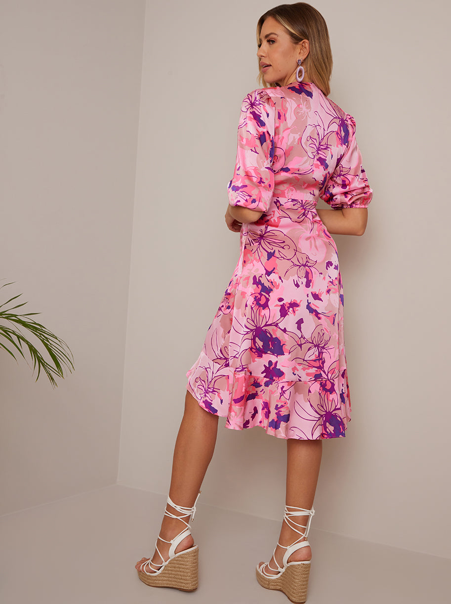 Tie Front Abstract Floral Print Dip Hem Dress in Pink Chi Chi London