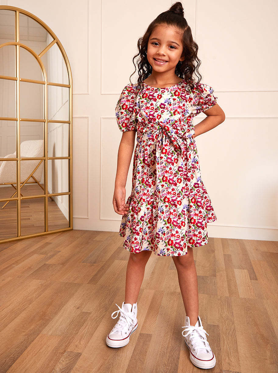 Younger Girls Puff Sleeve Tie Detail Floral Dress in White