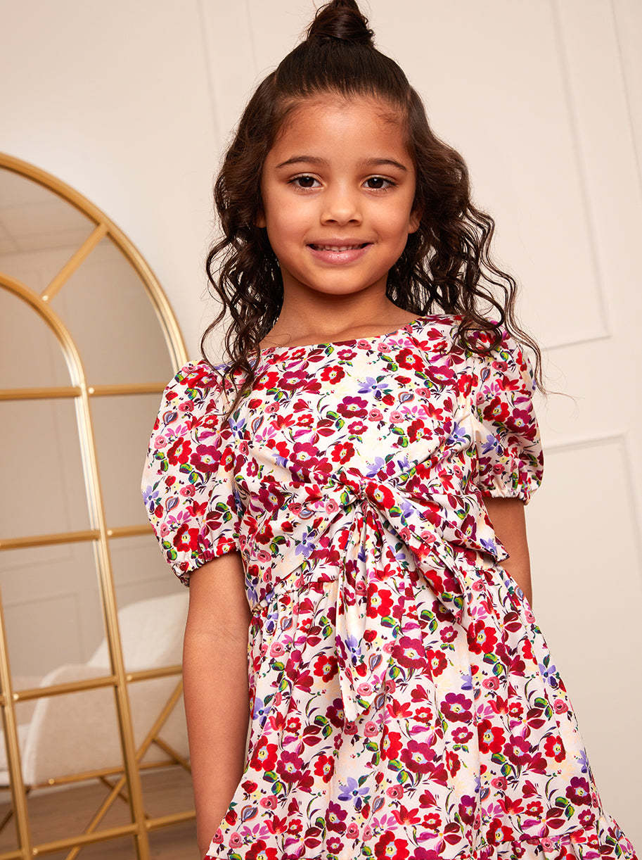 Younger Girls Puff Sleeve Tie Detail Floral Dress in White
