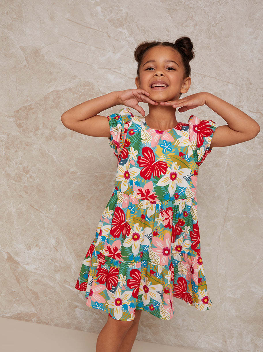 Girls Puff Sleeve Floral Print Tiered Day Dress in Multi