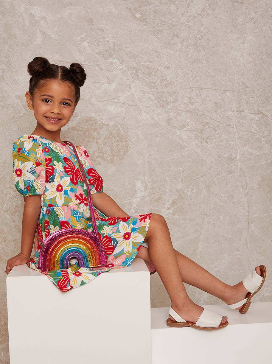 Girls Puff Sleeve Floral Print Tiered Day Dress in Multi