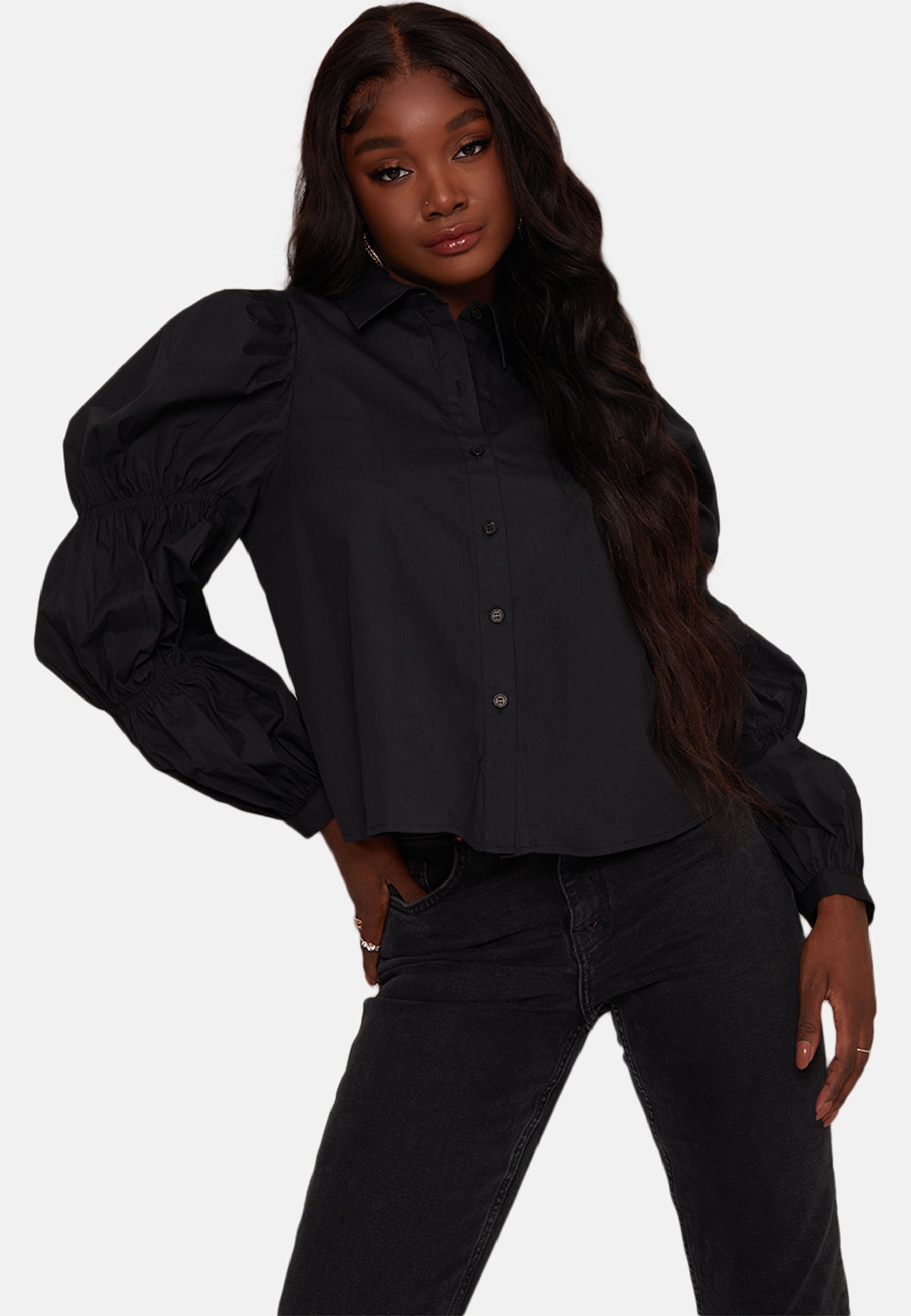 Exaggerated Puff Sleeve Cotton Shirt in Black | Chi Chi