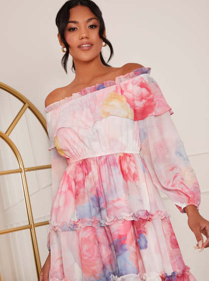 Watercolour Bardot Mini Dress in Pink