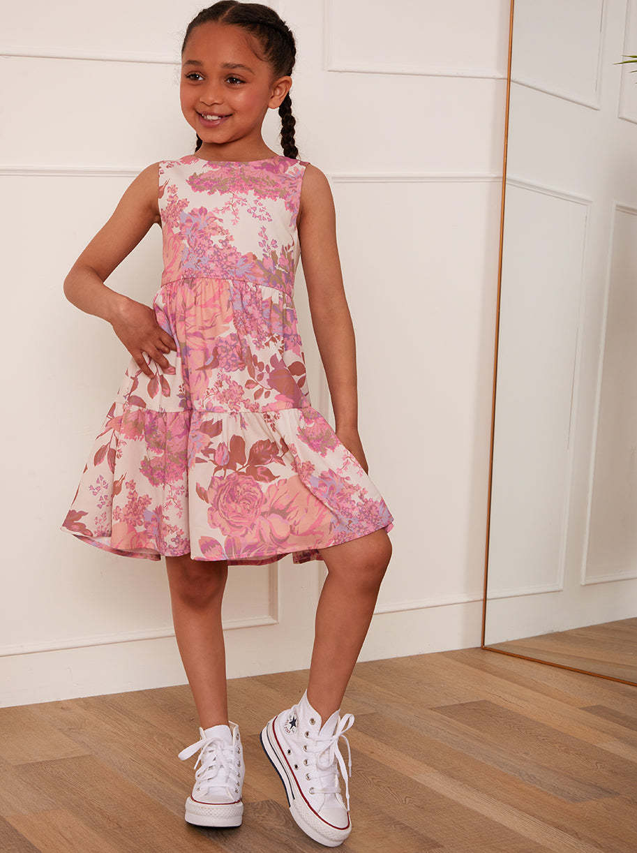 Younger Girls Floral Print Midi Dress in Pink