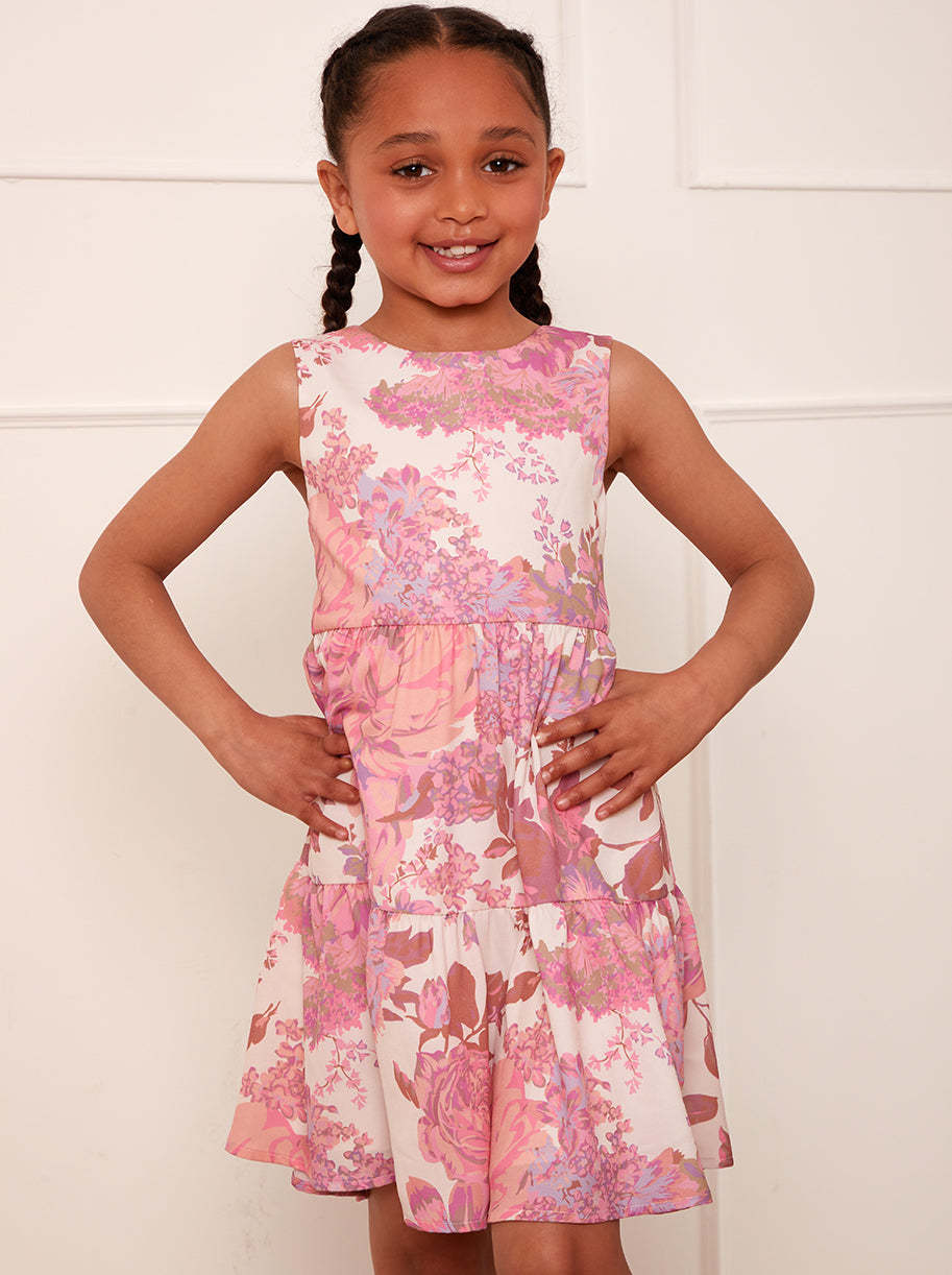 Younger Girls Floral Print Midi Dress in Pink