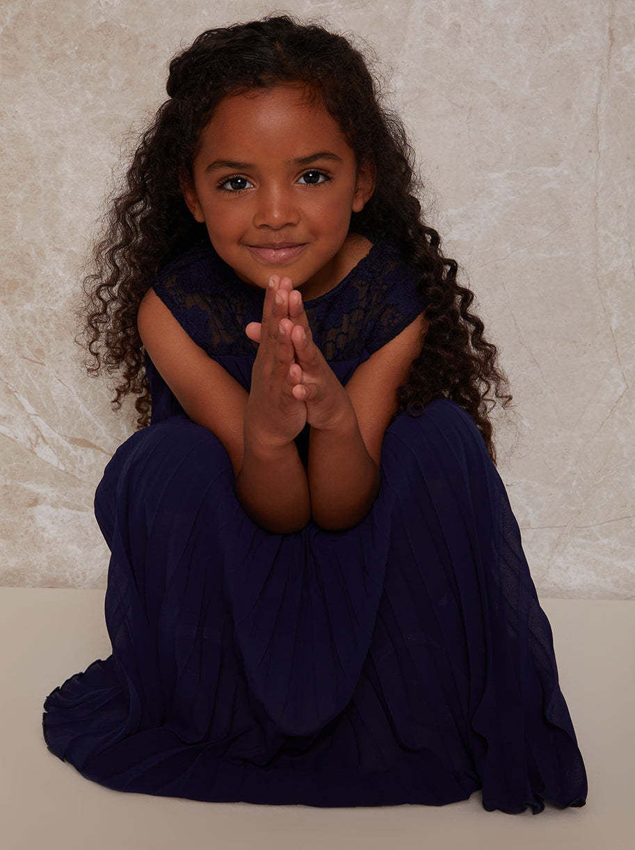 Girls Pleated Crochet Yoke Dress in Navy