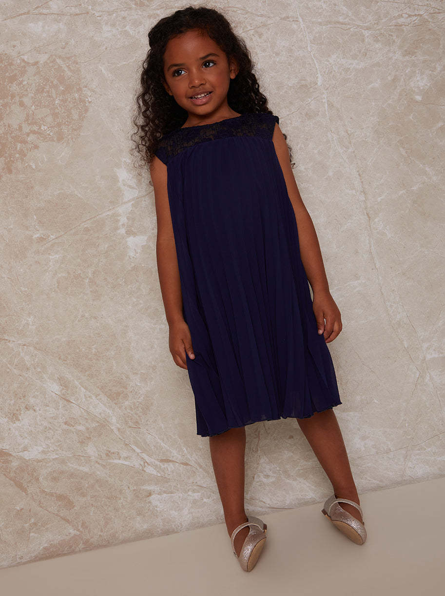 Girls Pleated Crochet Yoke Dress in Navy