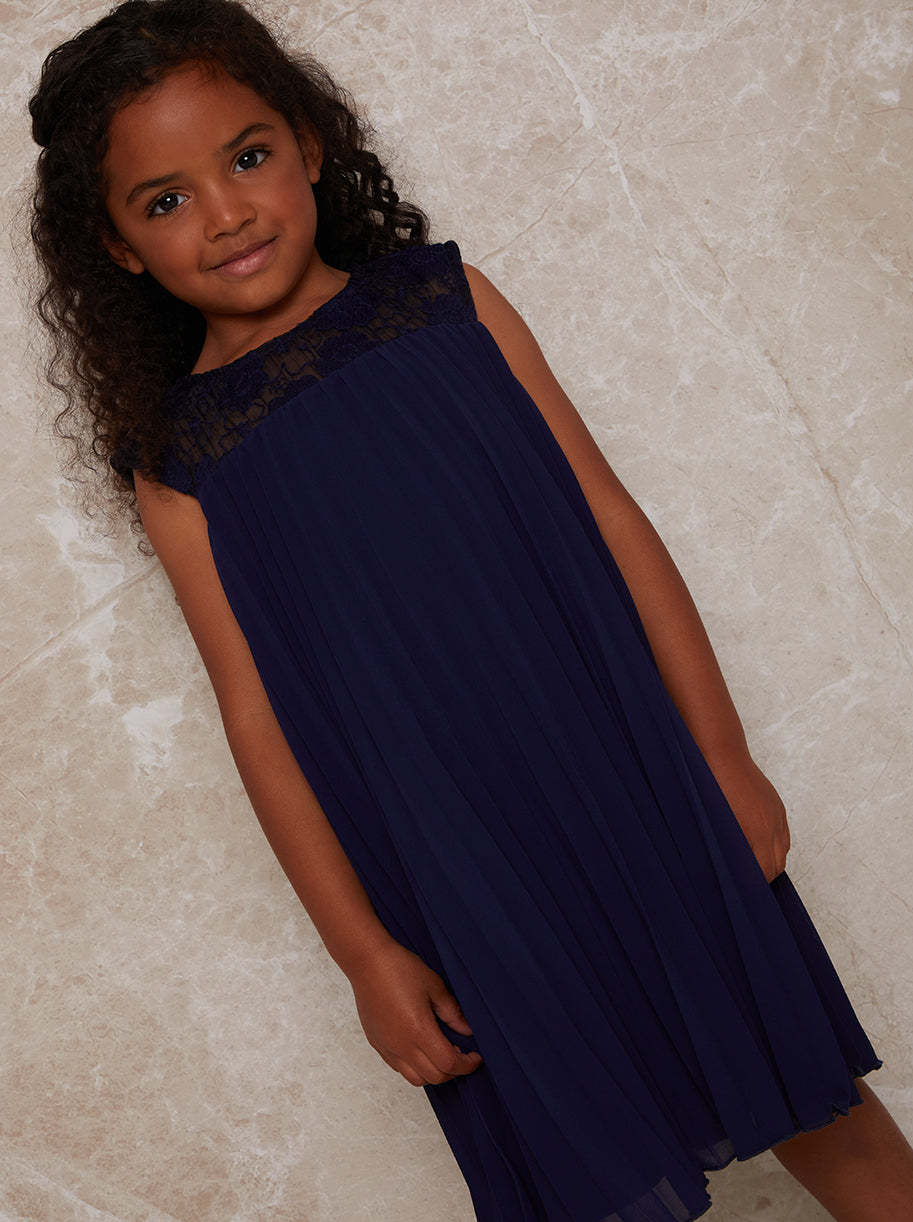 Girls Pleated Crochet Yoke Dress in Navy