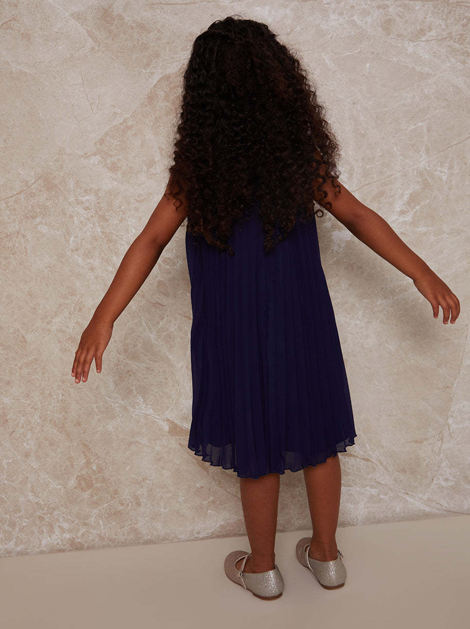 Girls Pleated Crochet Yoke Dress in Navy
