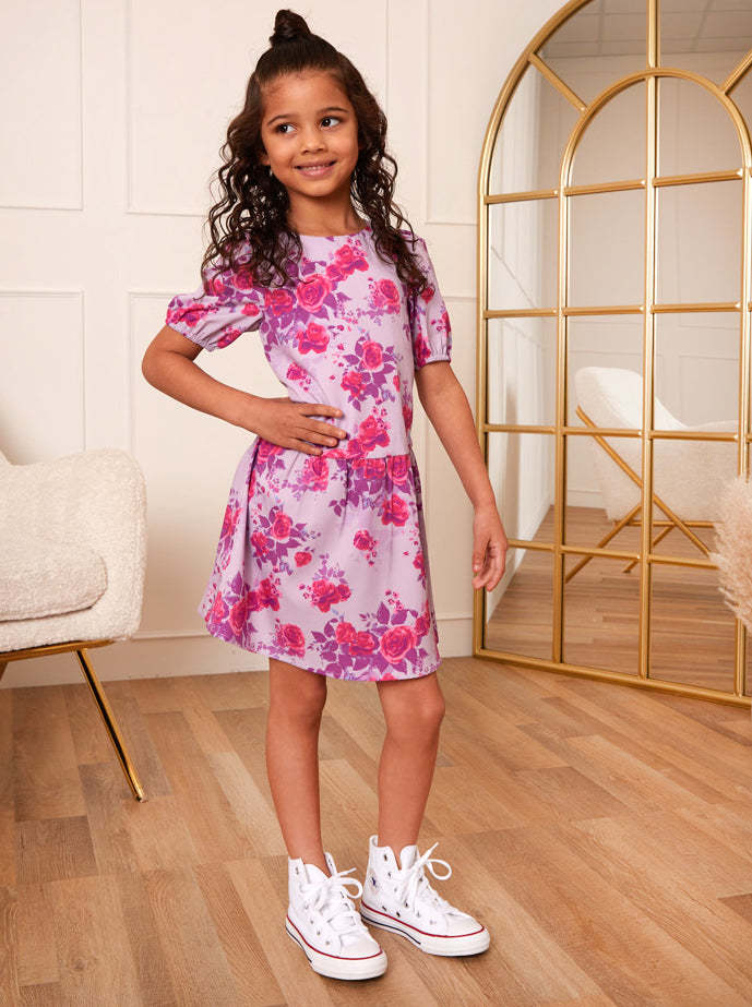 Younger Girls Puff Sleeve Floral Midi Dress in Lilac