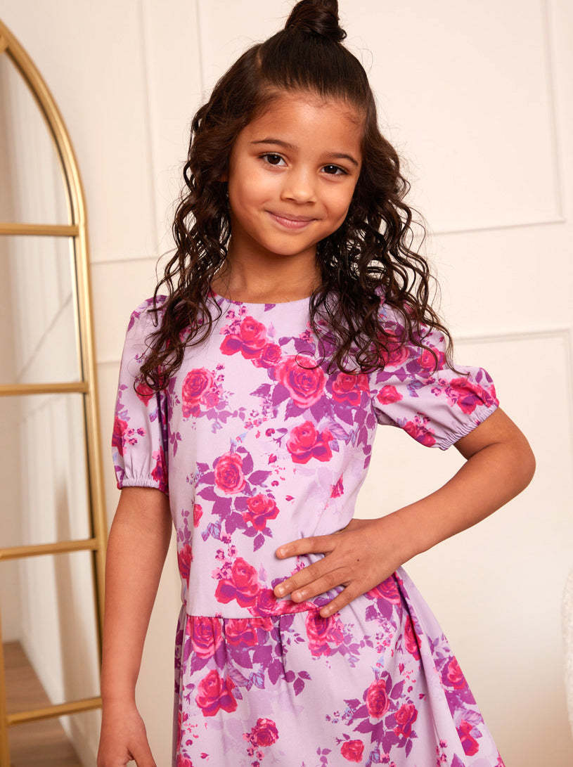 Younger Girls Puff Sleeve Floral Midi Dress in Lilac