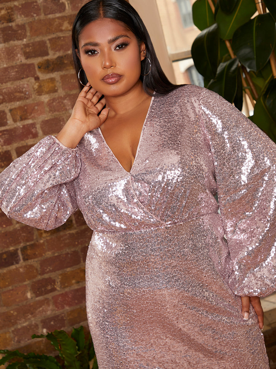 Plus Size Long Sleeve Plunge Sequin Midi Dress in Pink Chi Chi London