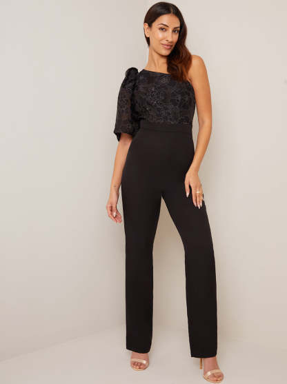 One Shoulder Balloon Sleeve Jumpsuit in Black