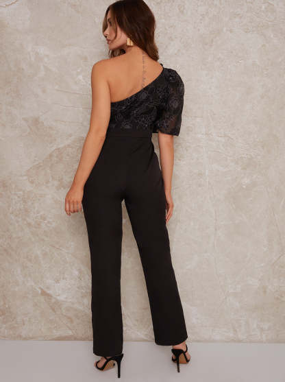 Petite One Shoulder Balloon Sleeve Jumpsuit in Black