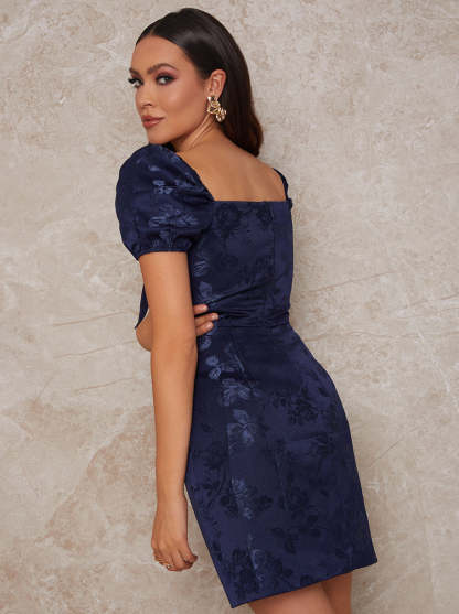 Puff Sleeve Jacquard Bodycon Mini Dress in Navy