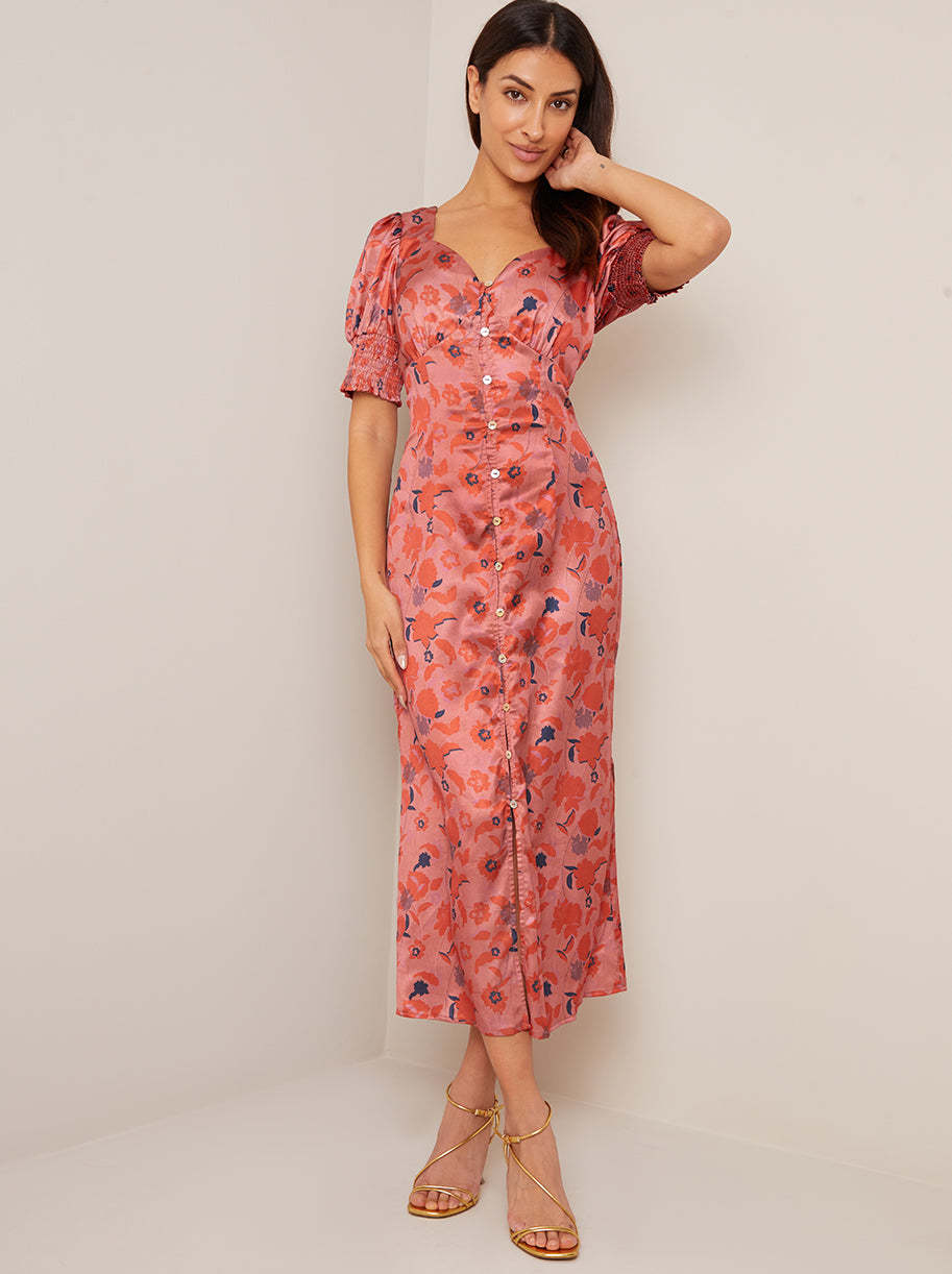 Puff Sleeve Floral Maxi Dress in Orange