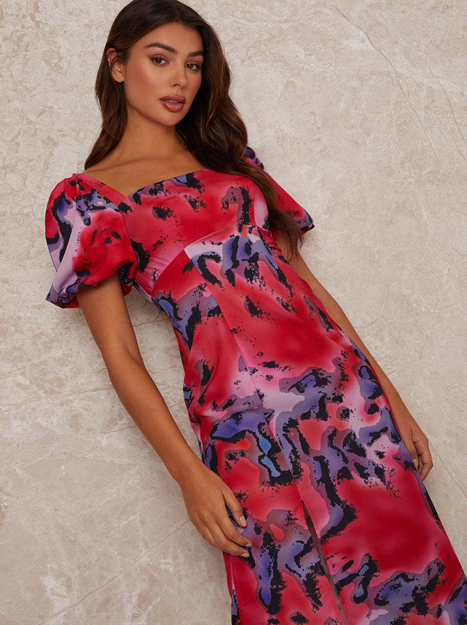 Square Neck Abstract Print Midi Dress in Multi