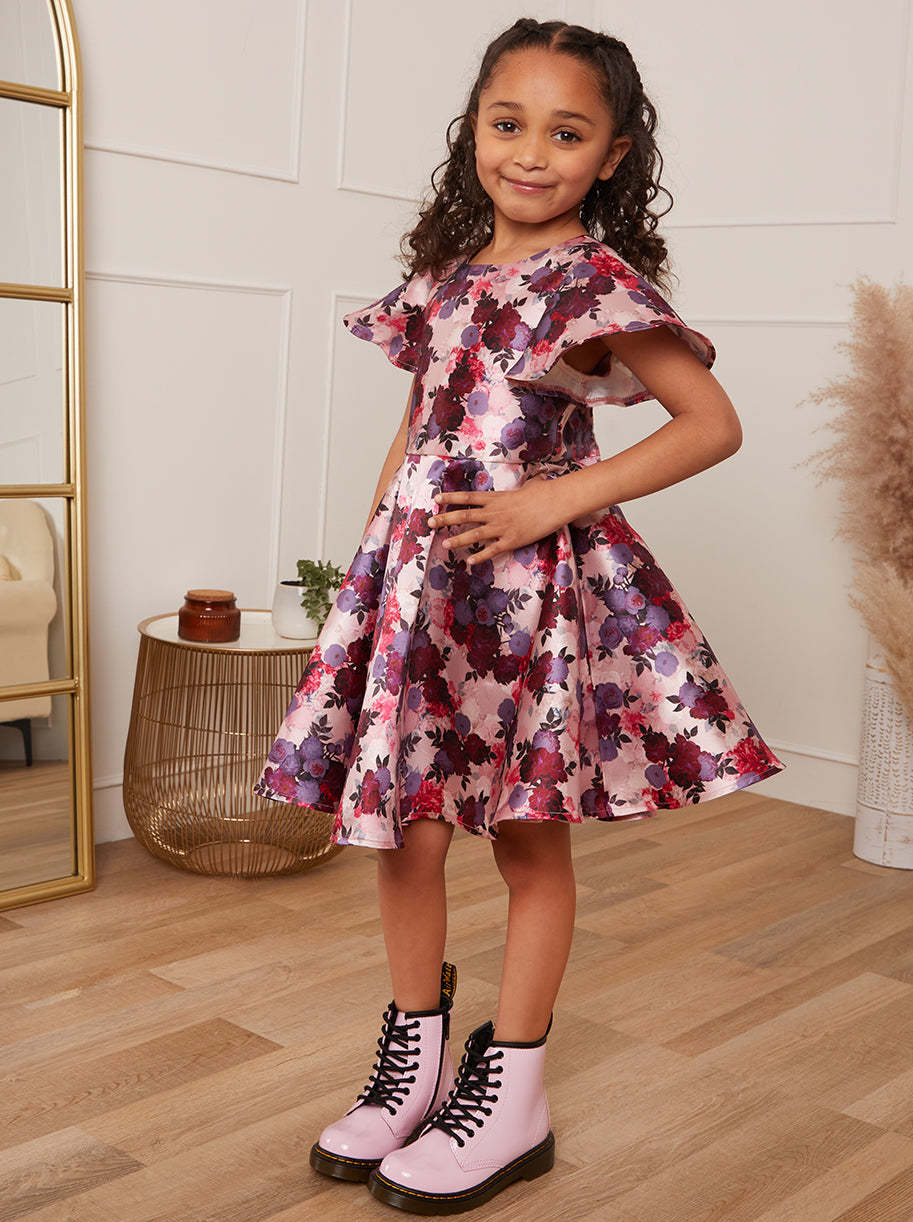 Younger Girls Flutter Sleeve Floral Midi Dress in Pink
