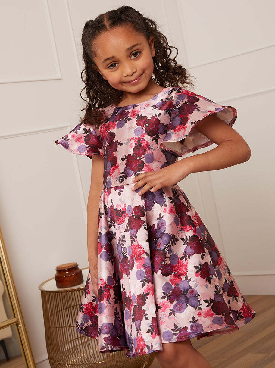 Younger Girls Flutter Sleeve Floral Midi Dress in Pink