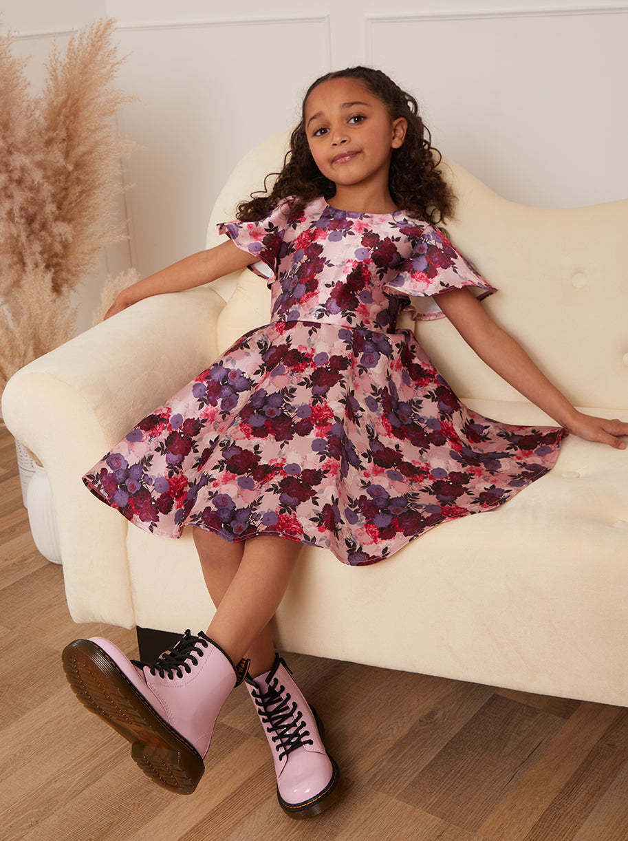 Younger Girls Flutter Sleeve Floral Midi Dress in Pink