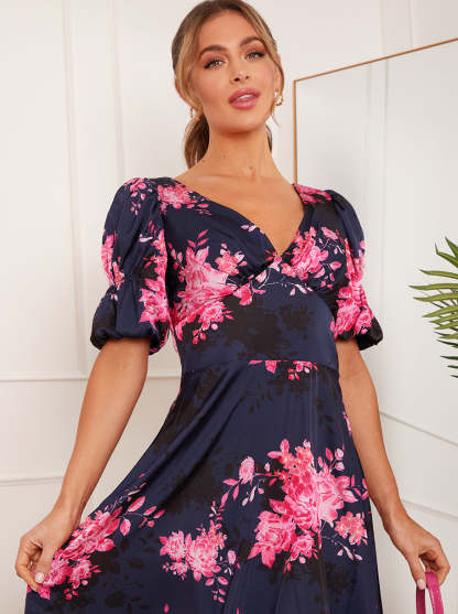 Short Sleeve Floral Print Mini Dress in Navy