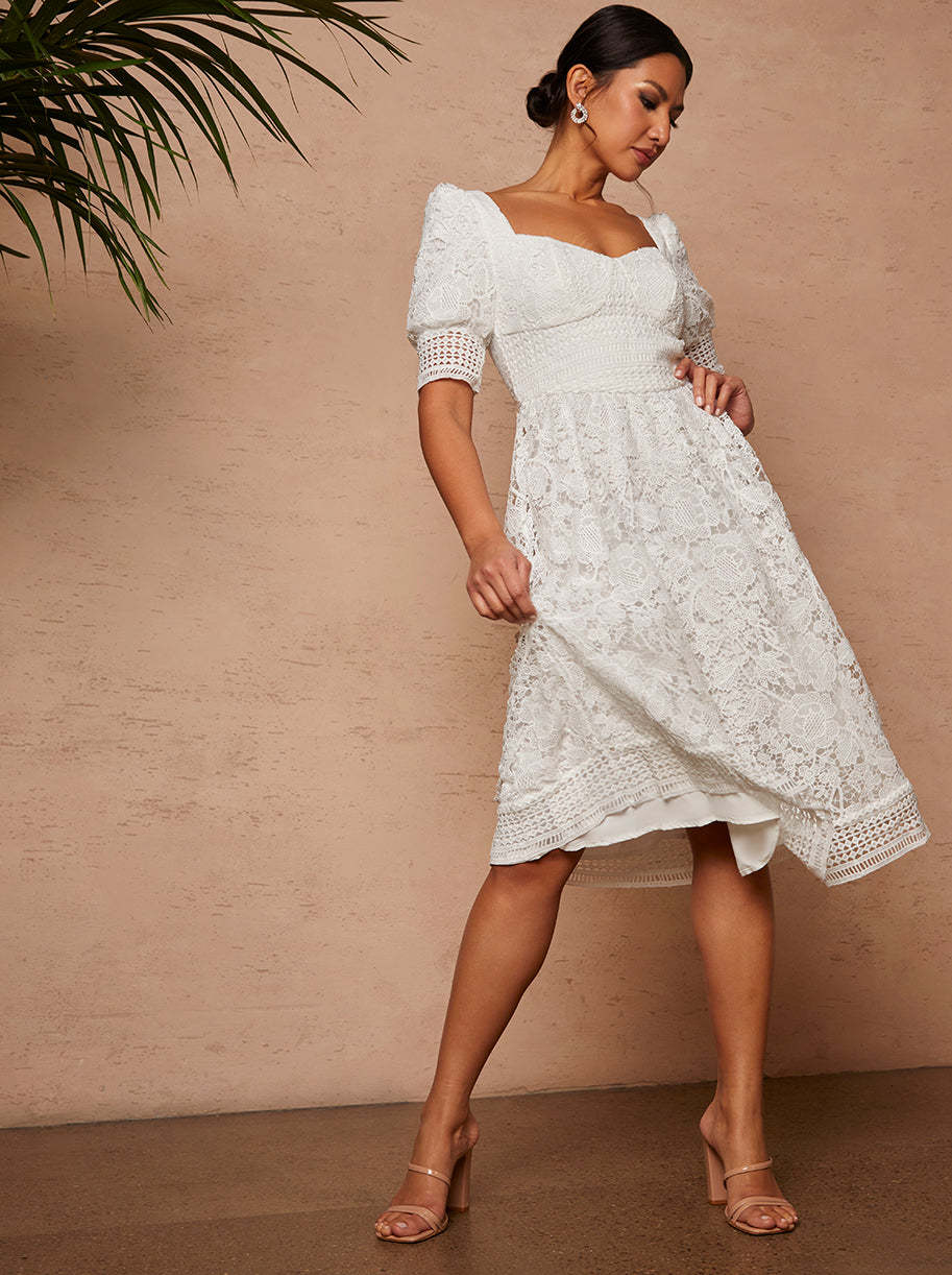 Sweetheart Puff Sleeve Embroidered Midi Dress in White Chi Chi London