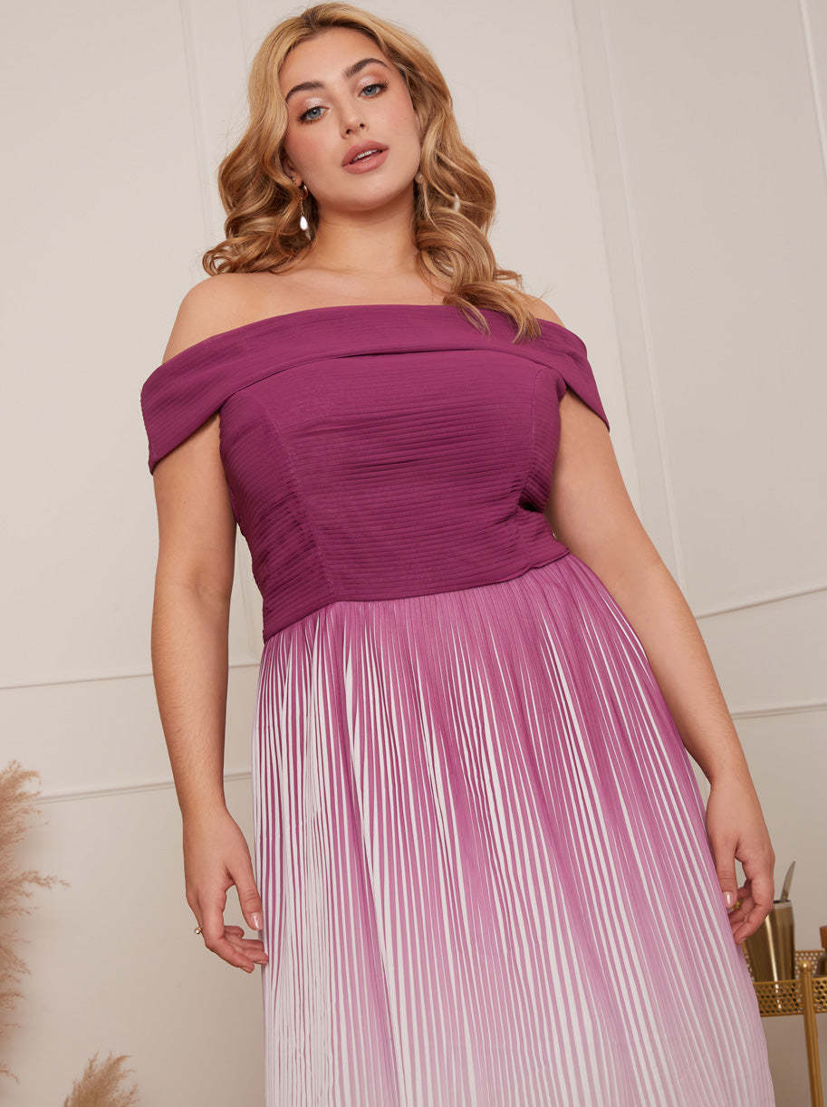 Plus Size Bardot Ombre Pleated Midi Dress in Purple Chi Chi London