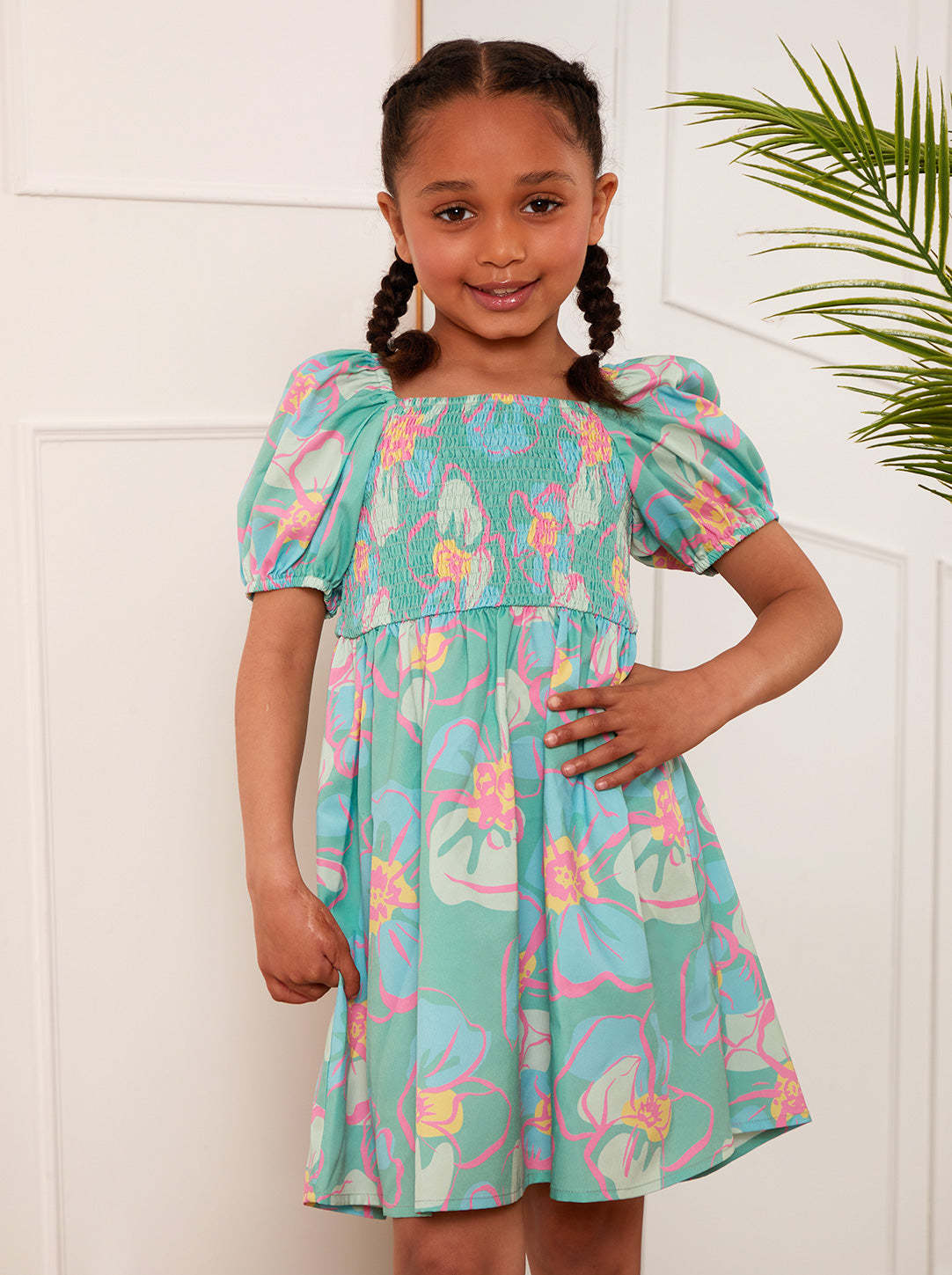 Younger Girls Puff Sleeve Shirred Floral Midi Dress in Green