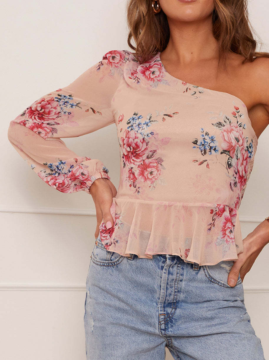 Long Sleeve One-Shoulder Floral Top in Pink