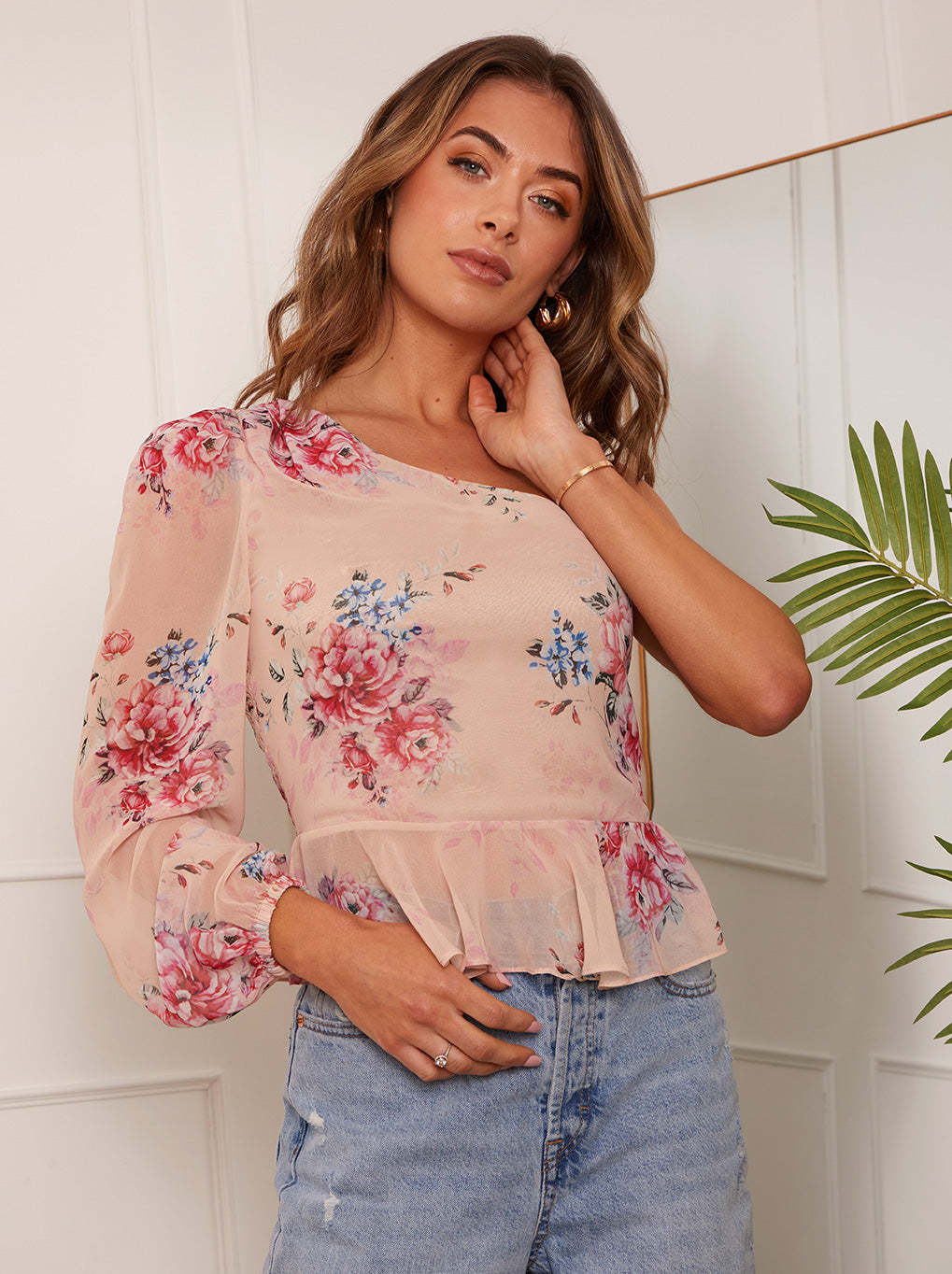 Long Sleeve One-Shoulder Floral Top in Pink