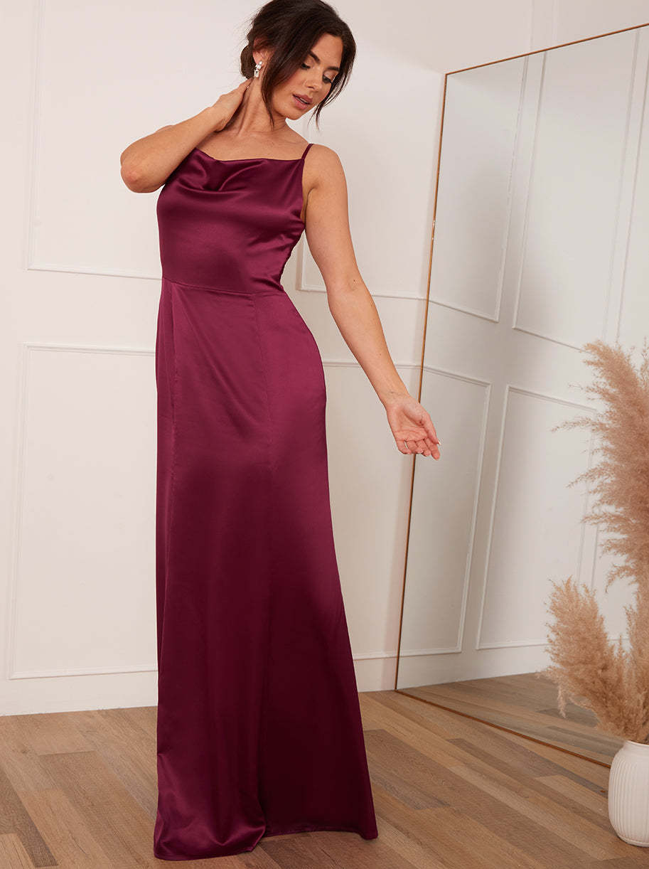 Petite Cowl Neck Satin Maxi Dress in Wine