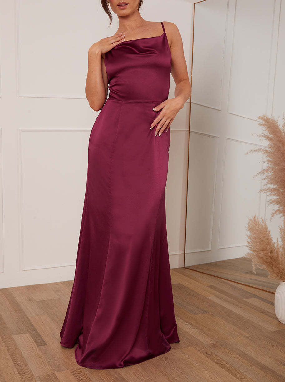 Petite Cowl Neck Satin Maxi Dress in Wine