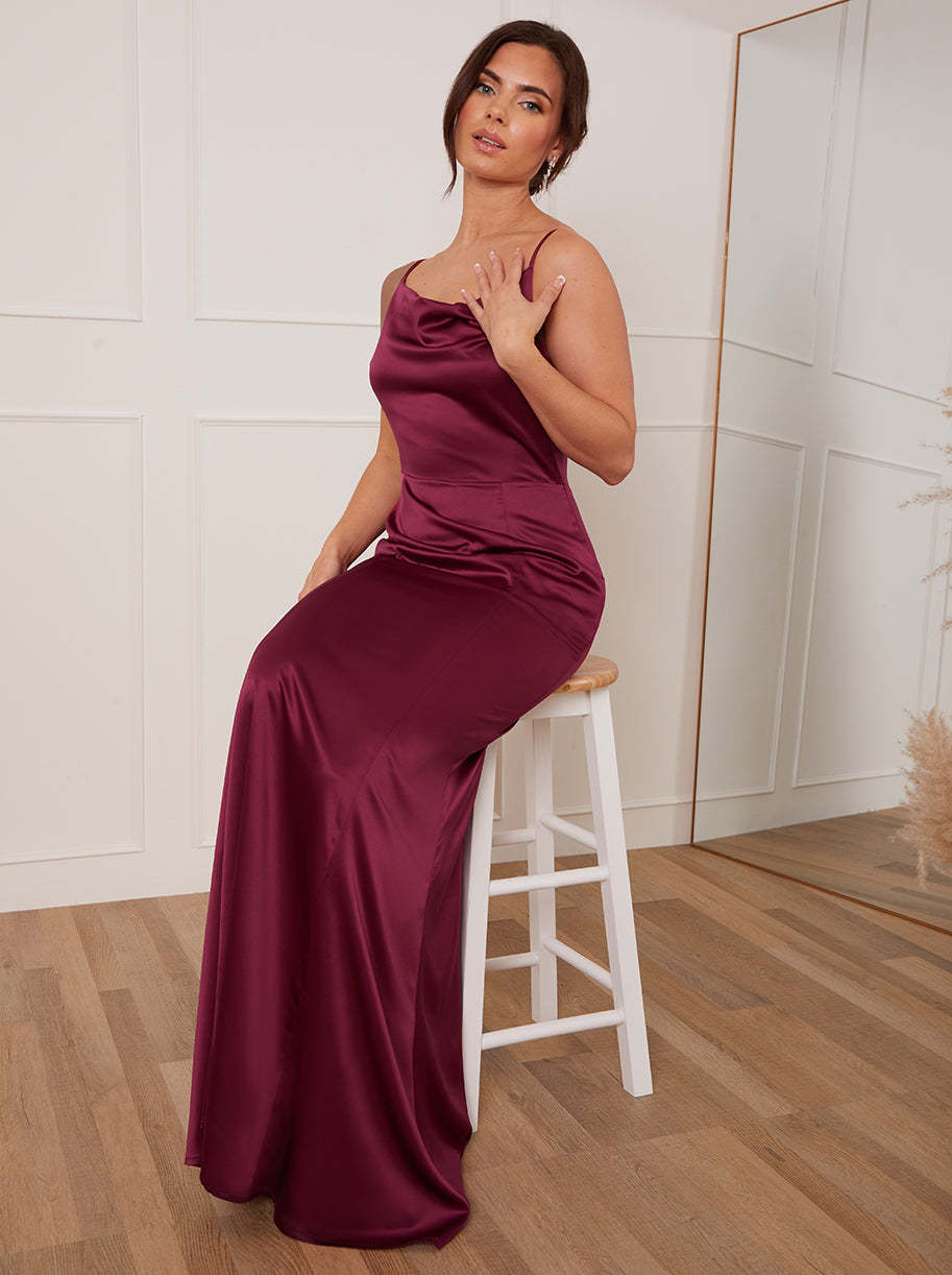 Petite Cowl Neck Satin Maxi Dress in Wine