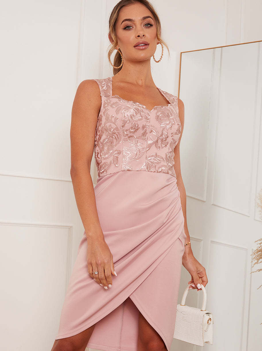 Sleeveless Embroidered Midi Dress in Pink