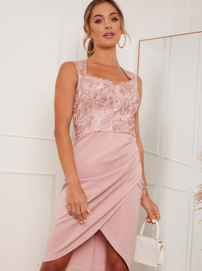Sleeveless Embroidered Midi Dress in Pink