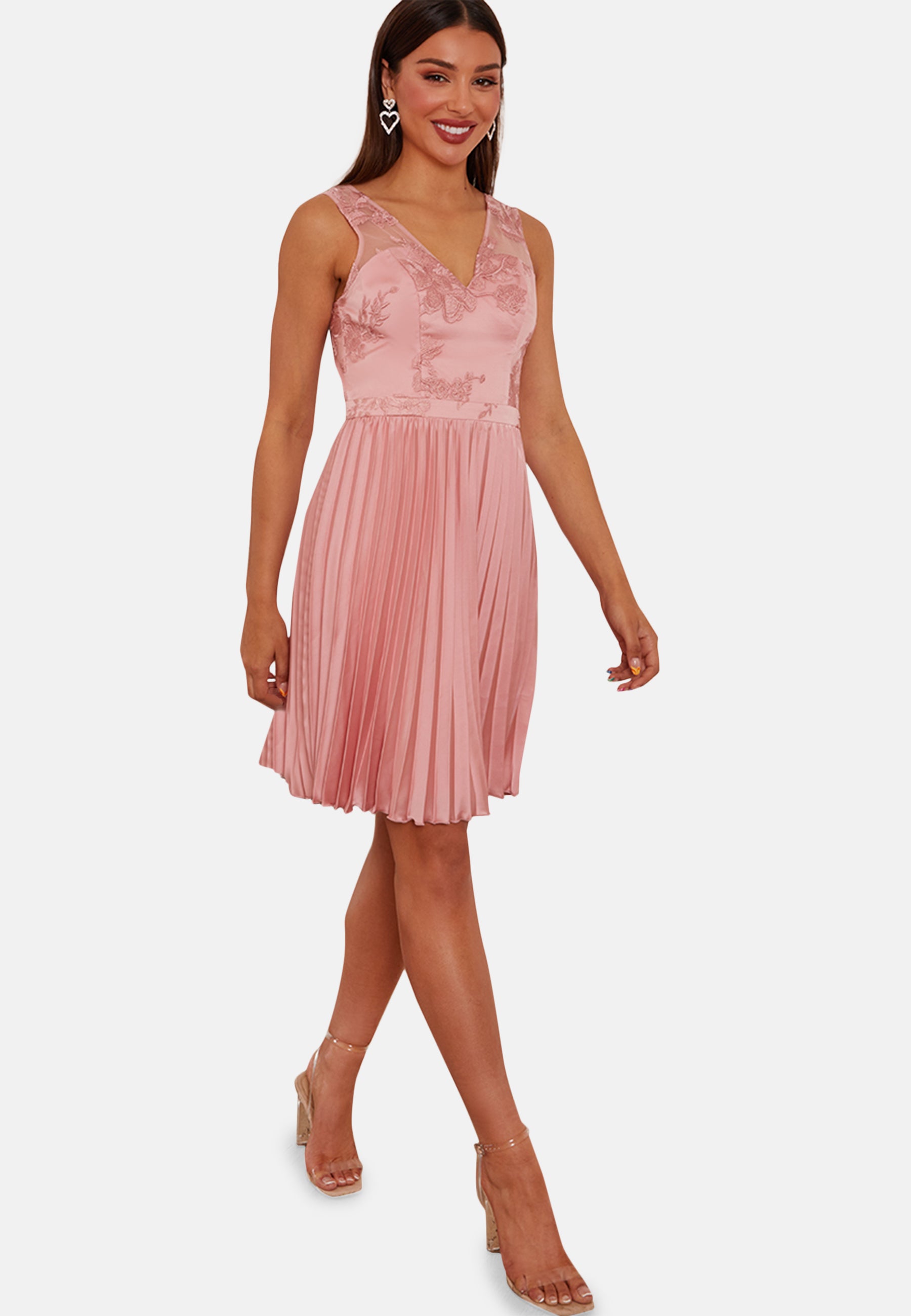 Embroidered Lace Pleated Mini Dress in Pink