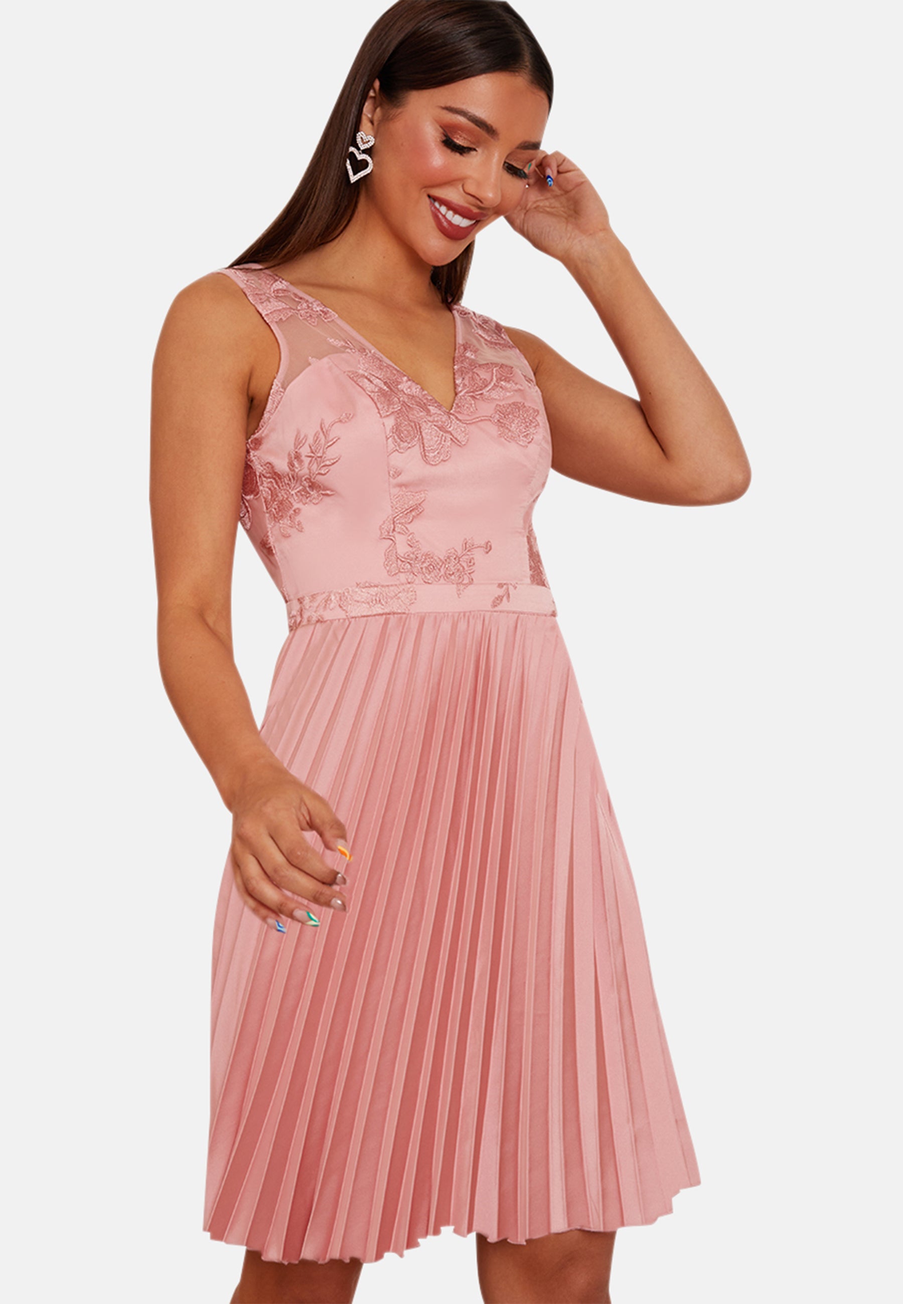 Embroidered Lace Pleated Mini Dress in Pink