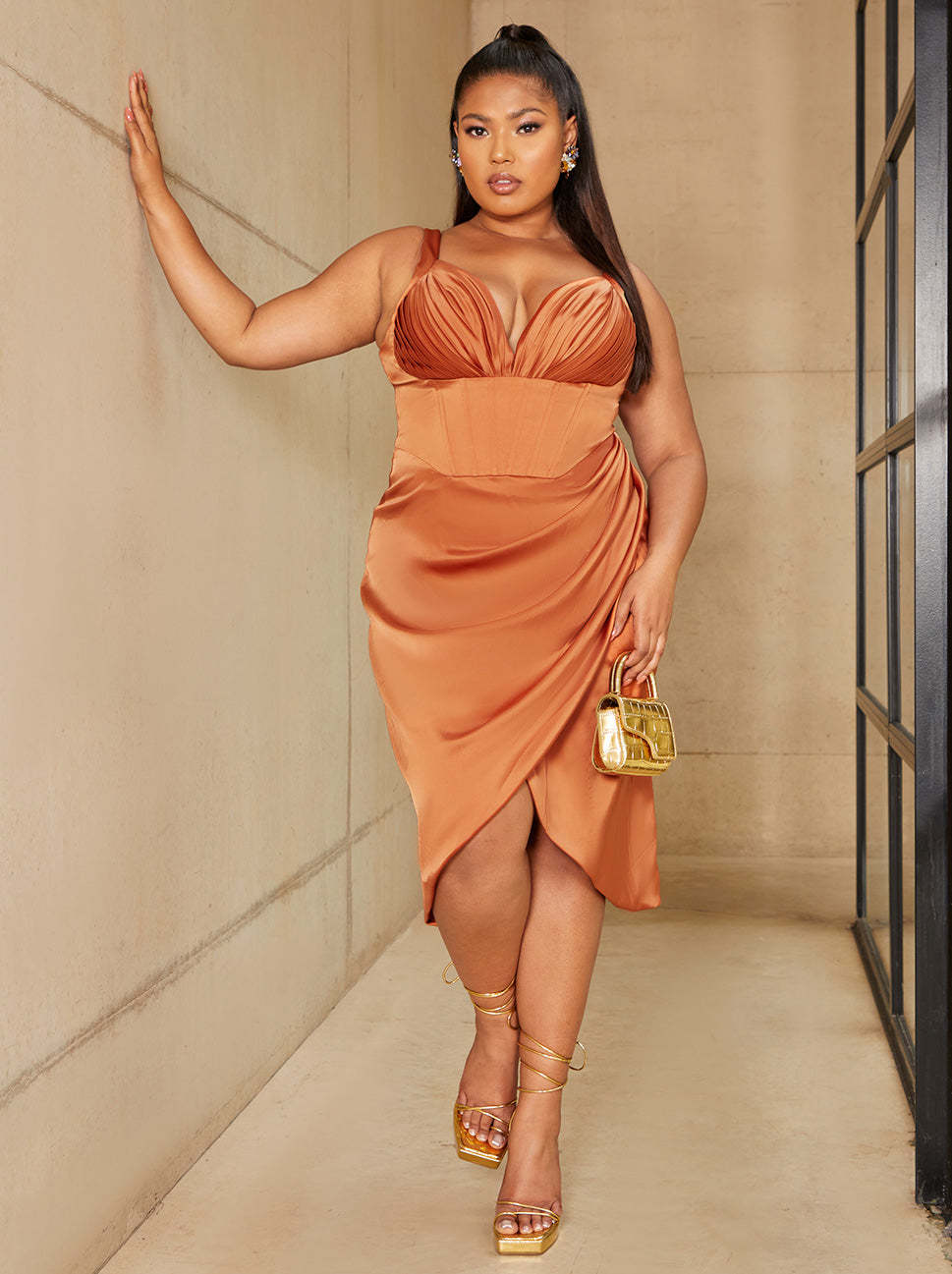 Plus Size Corset Style Bodycon Satin Midi Dress in Rust