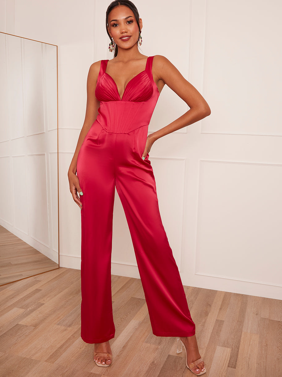 Corset Style Wide Leg Satin Jumpsuit in Pink Chi Chi London UK