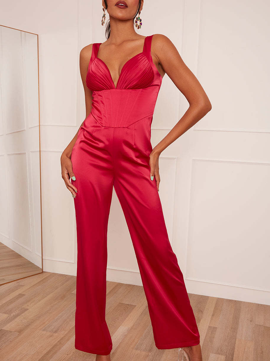 Corset Style Wide Leg Satin Jumpsuit in Pink