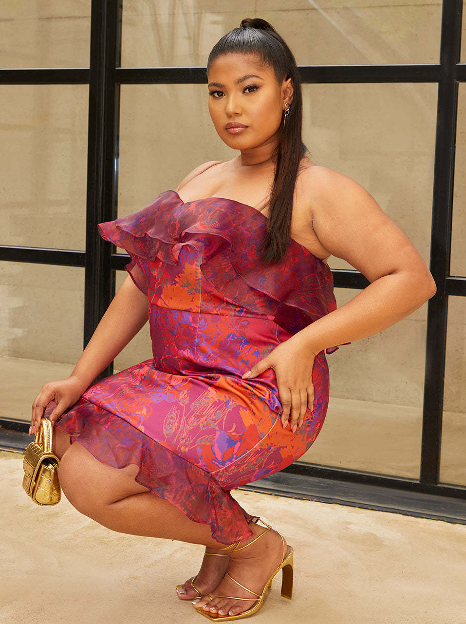 Plus Size Bardot Ruffle Floral Print Mini Dress in Burgundy