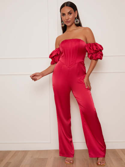 Petite Bardot Corset Style Jumpsuit in Pink Chi Chi London UK