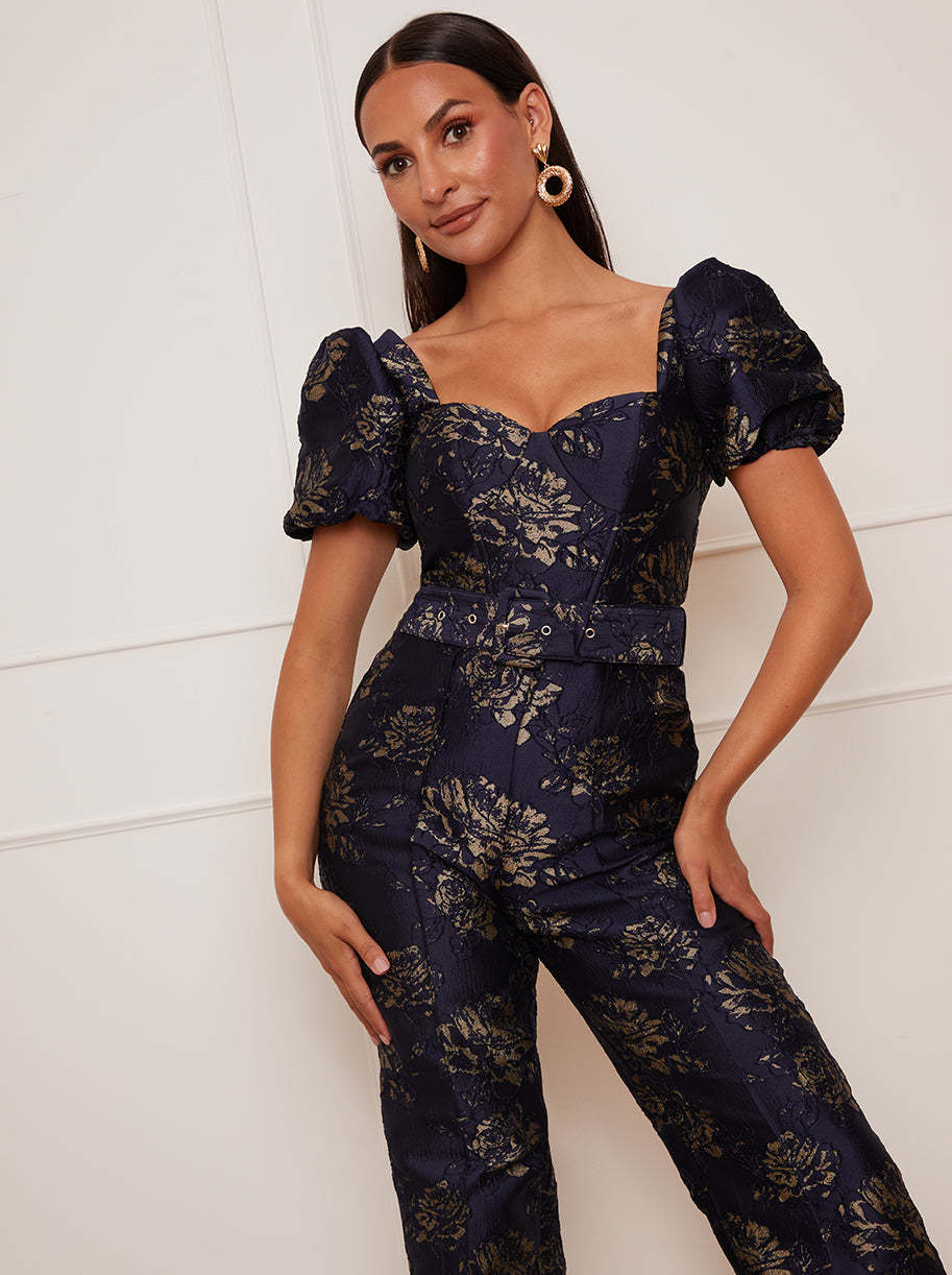 Petite Puff Sleeve Jacquard Jumpsuit in Navy