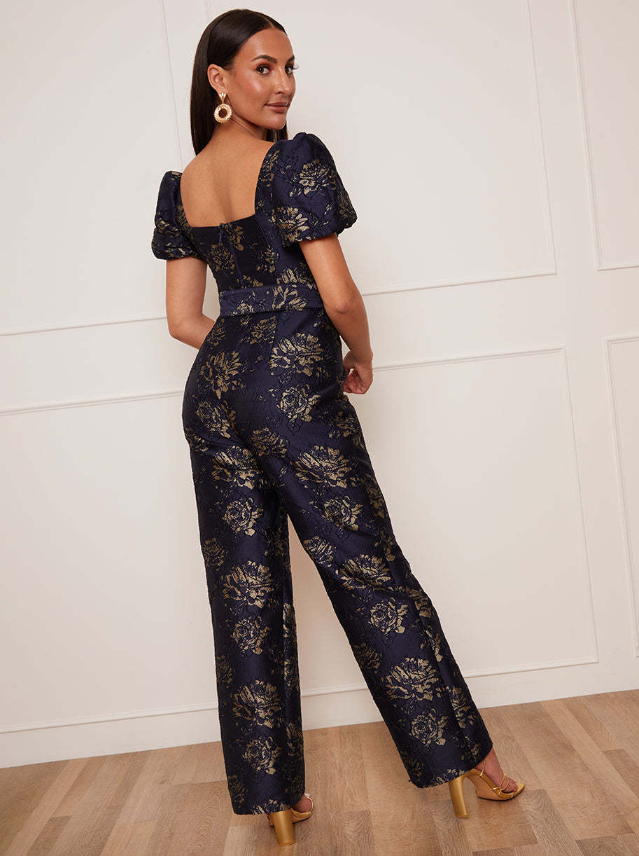 Petite Puff Sleeve Jacquard Jumpsuit in Navy