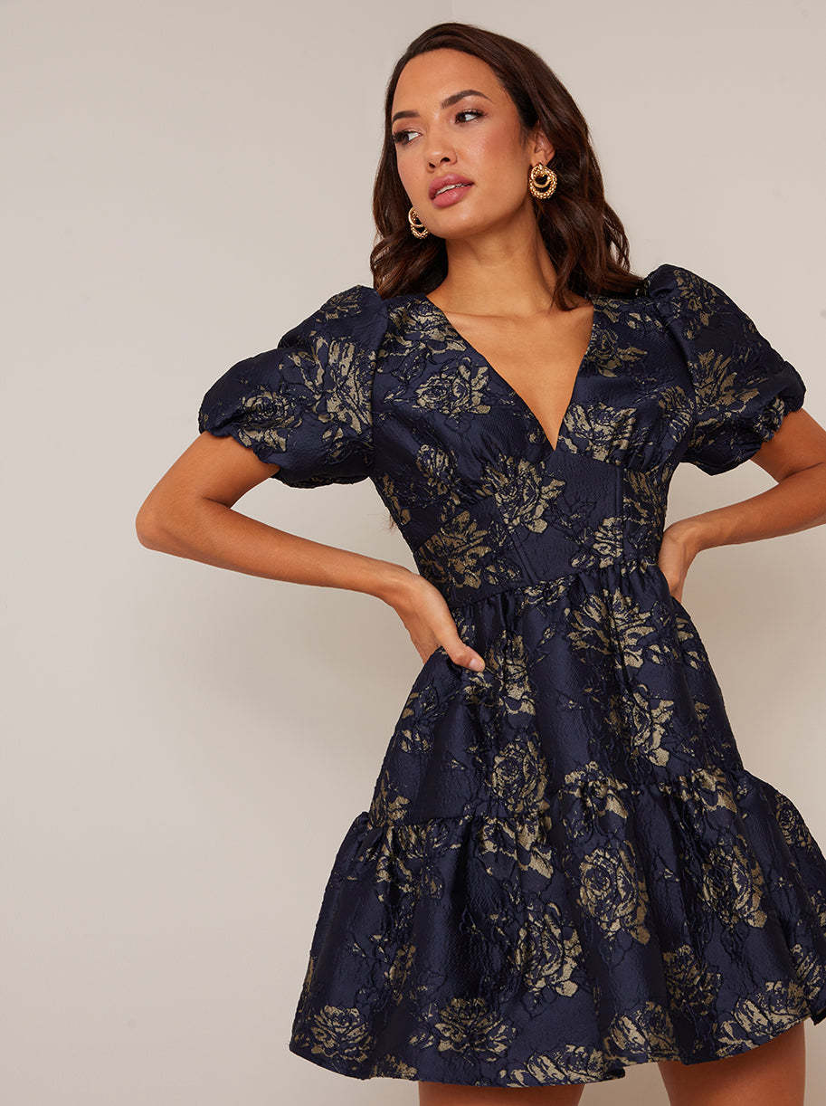 Puff Sleeve V Neck Jacquard Mini Dress in Navy