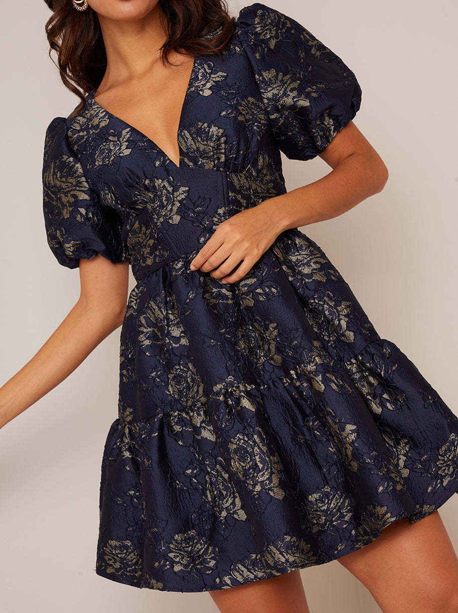 Puff Sleeve V Neck Jacquard Mini Dress in Navy